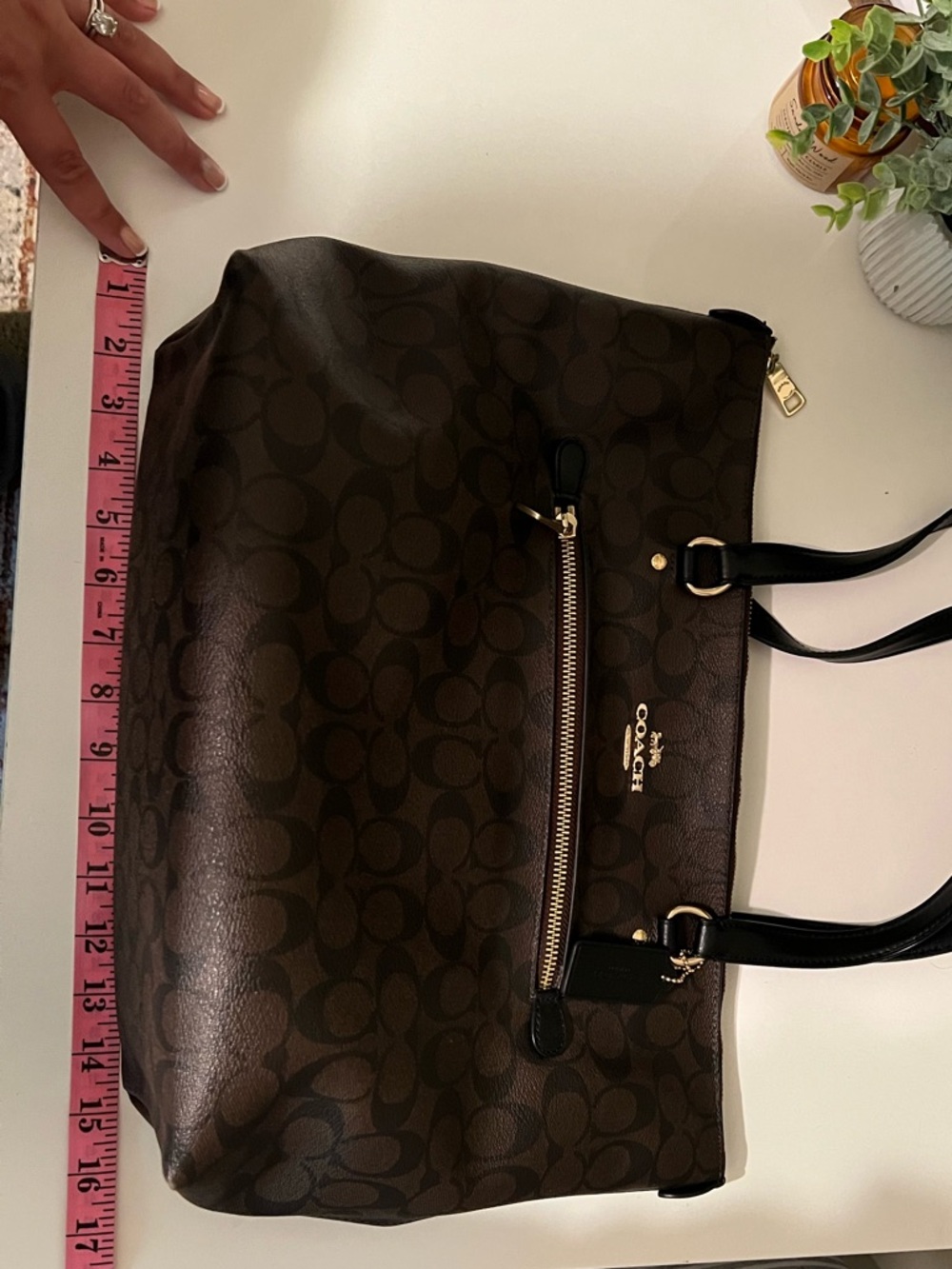 COACH Dark Brown Signature Canvas Tote with Black Straps - Picture 8 of 9